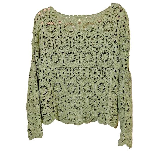 Boho Sage Crochet Knit Top Long Sleeve 100% Cotton Festival Peasant Blouse L - Picture 4 of 10